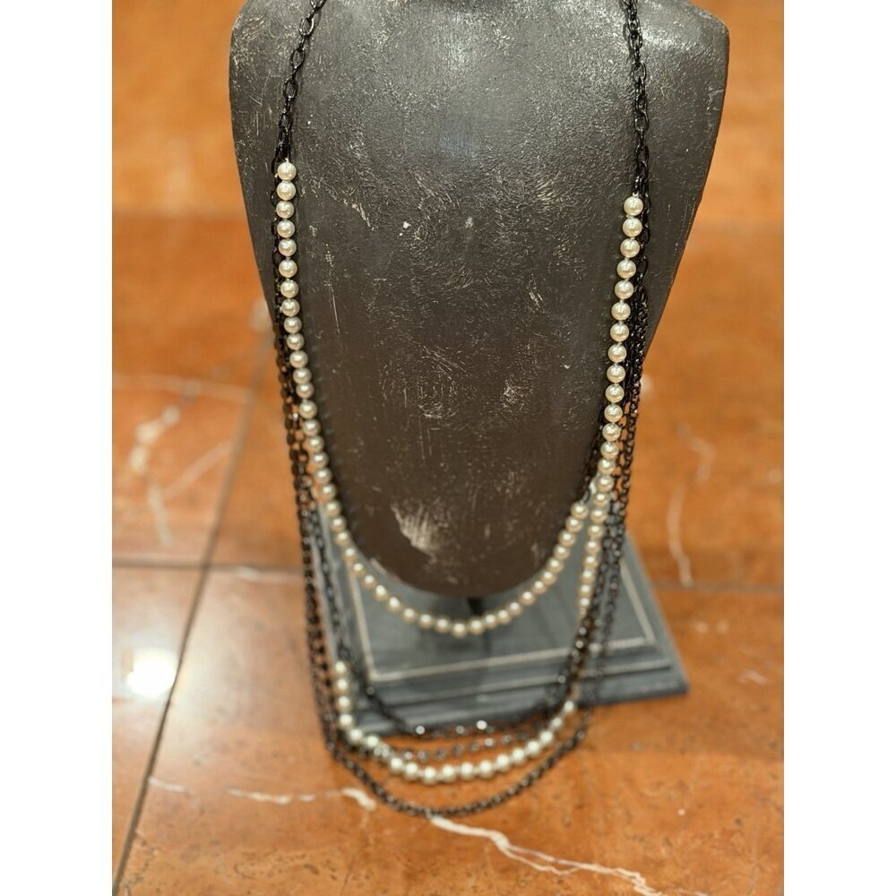 J. CREW FAUX PEARL BLACKENED JAPAN CHAIN RHINESTONE 5 STRAND 33" NECKLACE LN - Picture 3 of 5